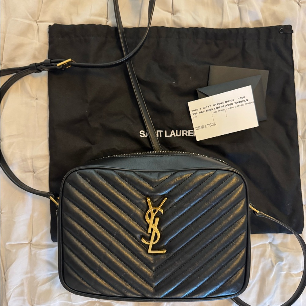 YSL Saint Laurent Lou Camera Tassel Black Chevron Leather Crossbody Bag NWT!